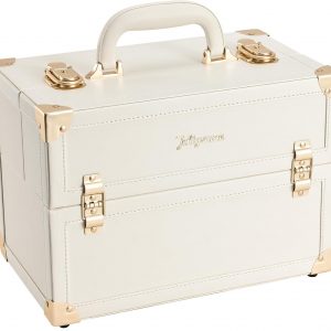 Joligrace Makeup Train Case Large Portable Cosmetic Makeup Storage Box Organizer Lockable with 4 Tray Compartments Retro Champagne Beige Vegan Leather