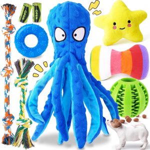KIPRITII 9-Pack Interactive Puppy Dog Toys for Small Dogs No-Stuffing Squeaky Octopus-Shaped Toy, Cute Plush & Engaging Chew Toys for Puppy Teething to Keep Them Busy