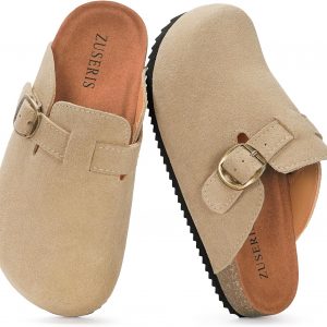 Kids Suede Clogs Boys Girls Cork Footbed Potato Shoes Classic Slip On Leather Mules Children Indoor Outdoor Sandals with Adjustable Buckle