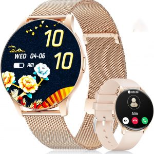 LIGE Smart Watch for Women, 1.43" AMOLED Screen Smartwatch with Answer/Make Call for iPhone/Android/Samsung, Fitness Tracker with 120+ Sport Modes, Sleep/Health Monitor, IP68 Waterproof, 2 Bands,Gold