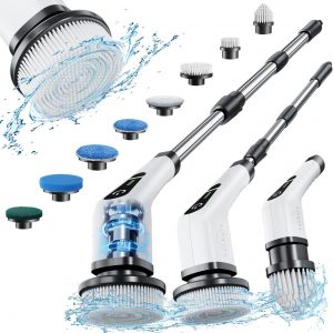 Leebein Electric Spin Scrubber, Cordless Cleaning Brush with 8 Replaceable Brush Heads, Tub and Floor Tile 360 Power Scrubber Dual Speed with Adjustable & Detachable Handle for Bathroom Kitchen Car