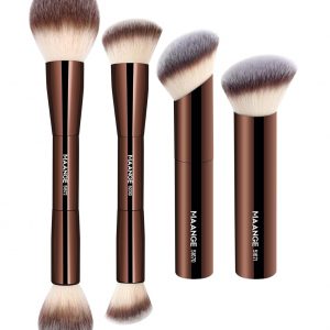 MAANGE 4 PCS Foundation Makeup Brush Set Double-ended Kabuki Contour Brush for Liquid Powder Concealer Cream Cosmetics Blending Blush Face Makeup Tools Kit (Coffee)