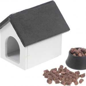 Miniature Dog House with Dog Bowl and Food, 1:12 Scale Dollhouse Furniture Wooden Pet House Set for Dollhouse Garden Scene Decoration Accessories