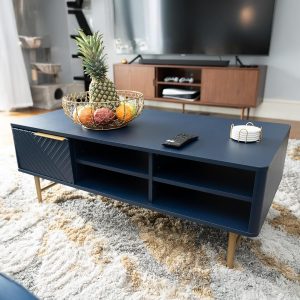 Modern Coffee Table with Storage - Dark Blue Matte Finish with Gold-Tipped Legs, Square Coffee Table for Living Room and Farmhouse with Storage Compartment and Adjustable Shelves
