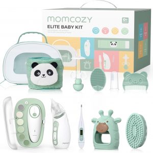 Momcozy Elite Baby Kit, Superior Baby Shower & Registry Essential Kit for Grooming & Health & Cleansing Care, Electric Nail File & Nasal Aspirator,Tummy Wrap,Thermometer,Bath Brush,Teether,Storage Bag