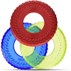 Nerf Dog Tire Flyer Dog Toy Gift Set, 10 Inch Flying Disc Dog Fetch Toys, Rubber Dog Toy for Medium Dogs and Large Dogs, Red, Translucent Green and Translucent Blue, 3 Count