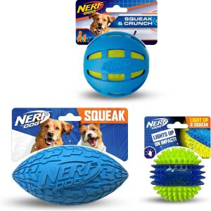 Nerf Dog Toy Gift Set, 3-Piece Set of Outdoor Dog Toys for Fetch, Includes Checker Crunch Ball, Spike LED Squeak Ball and Tire Squeak Football