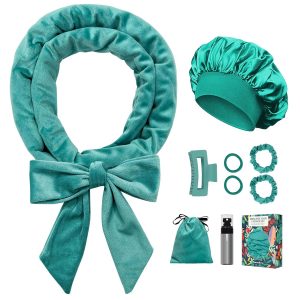 No Heat Overnight Curl Headband, 70" Soft Ribbon Wrap for Long Hair, 9 PCS Hair Curling Rods Set - Blue Green