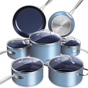 Nuwave Healthy Duralon Blue Ceramic Nonstick Cookware Set, Diamond Infused Scratch-Resistant, PFAS Free, Dishwasher & Oven Safe, Induction Ready & Evenly Heats, Tempered Glass Lids & Stay-Cool Handles