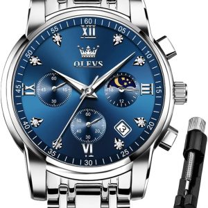 OLEVS Watch for Men Diamond Business Dress Analog Quartz Stainless Steel Waterproof Luminous Date Two Tone Luxury Casual Wrist Watch Blue