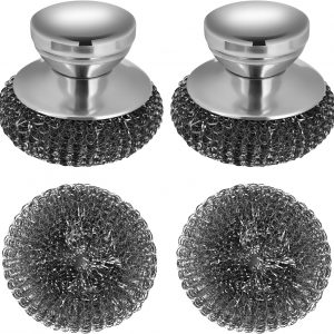 Onewly 2Pack Steel Wool Scrubber Set, Stainless Steel Scrubber with Stainless Steel Handle, for Cleaning Dishes, Cast Iron, Stock Pots, Pans, Griddles, Grills