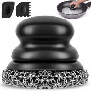 Onewly Cast Iron Scrubber and Scraper, Chain Mail Scrubber Cast Iron for Cleaning Dishes, Stock Pots, Pans, Griddles, Grills, Dish Scouring Pads