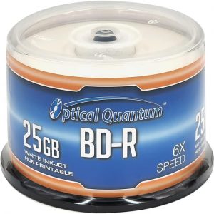 Optical Quantum OQBDR06WIP-H-50 6X 25 GB BD-R White Inkjet Printable Single Layer Blu-Ray Recordable Blank Media, 50-Disc Spindle