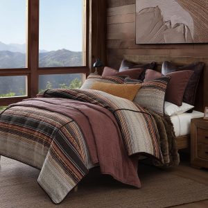 Paseo Road Estes Western Bedding 3 Piece King Comforter Set, Copper Striped Rustic Cabin Theme Bed Set, Faux Leather Details, Chenille Jacquard Comforters Sets with Pillow Shams