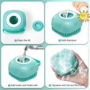 Pet Bath Massage Brush with Soap Dispenser, Soft Silicone Grooming Tool for Dogs Cats