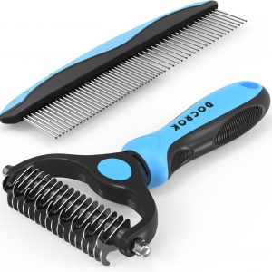 Pet Grooming Combo - Blue Deshedding Brush with Metal Comb for Detangling and Dematting Long, Matted Fur on Cats and Dogs