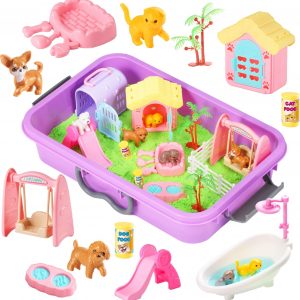 Pet Sensory bin,Dog and Cat Sandbox for Kids,Kids Play Sand Kit,Pet Play Set with Sensory Sand,Pet Care Play Set,Role Pretend Play Beach Toy Birthday Gift for Girls Boys 3 4 5 6 Years Old