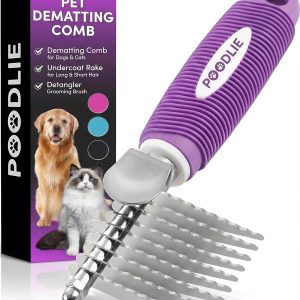Poodle Dematting Fur Rake Comb Brush for Dogs and Cats - Long 2.5" Steel Safety Blades Metal Comb for Detangling Matted or Knotted Undercoat Hair