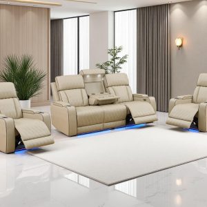 Power Recliner Sofa Set, Leather Reclining Couch & Chair Set, Living Room Furniture Sets, Luxury 3 Piece Living Room Furniture with Cup Holders/Storage/Charging for Home Theater/Office, Khaki