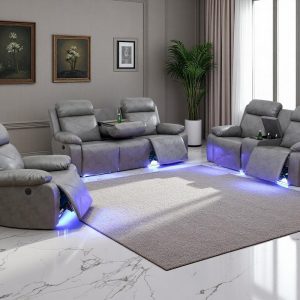 Power Recliner Sofa Set, Living Room Furniture Sets, 3-Piece Reclining Leather Sofa Loveseat Chair, Living Room Couch Set with Cup Holders/Coffee Table/LED Light for Home Theater/Office,Grey#2