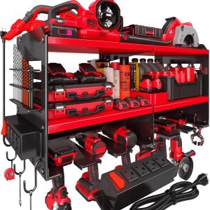 Power Tool Organizer Wall Mount with 4-Outlet Power Strip, Heavy Duty Metal Storage Rack for Garage, Holds 6 Drills & Batteries - Ideal Christmas Gifts for Men, Dad, Husband from Wife