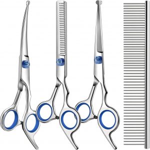Professional 4 in 1 Dog & Cat Grooming Scissors Kit with Safety Round Tips,Sharp & Durable,Dog Shears for Grooming - Includes Straight, Curved, Thinning Scissors and Comb - Premium Pet Supplies