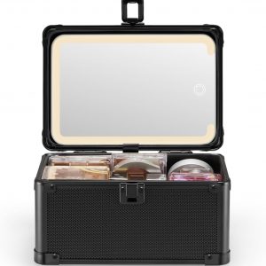 Qislee Makeup Box Mini with A Detachable Lighted Mirror, Waterproof Small Makeup Case,Cosmetic Organizer and Travel Train Case with Magnetic LED Mirror(Black)