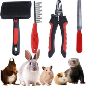 Rabbit Professional Nail Clippers Grooming Kit with Pet Shedding Slicker Brush, Pet Grooming Comb, Nail Clipper Trimmer for Rabbit, Puppy, Kitten, Guinea Pig, Hamster, Ferret (4PCS)