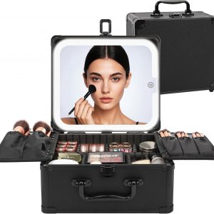Relavel Makeup Bag with LED Mirror, Makeup Box Travel Train Case with Rechargeable Lighted Mirror & Adjustable Dividers, Cosmetic Brush Organizer Storage for Makeup Artists Gifts for Women and Girls