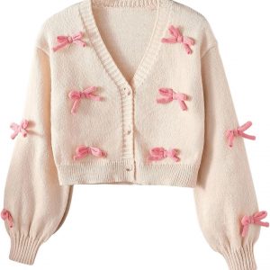 SHENHE Girl's Bow Button Down Knitted Cardigan V Neck Loose Cute Crop Sweater Outwear