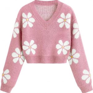 SHENHE Girl's Floral Print V Neck Long Sleeve Knitted Cropped Sweater Jumper Tops