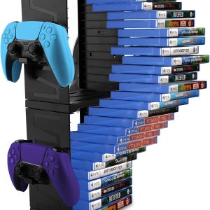 SIKEMAY Game Storage Tower for PS5/PS4/Xbox Series S & X - Universal Video Game Disc Organizer with 24 PCS Holders, 4 Controller Slots & Stand Rack Accessories - Black