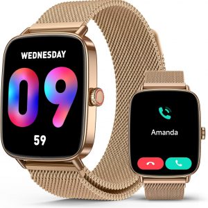 SOUYIE Smart Watch for Women Men, 1.85" AI Voice Smartwatch, 24/7 Heart Rate Monitor, Stress/SpO2/Sleep Tracker, IP68 Waterproof, Weather, 100+ Sports Fitness Tracker for Android iOS Glod Metal