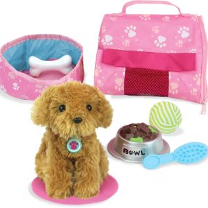 Sophia's Golden Plush Puppy Dog and Accessories Set with Leash, Food Bowl, Brush, Ball, Bone, Bed, Blanket, and Carrier Sized for 18" Dolls, Multicolor