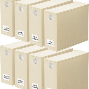 SpaceAid 8 Pack Bed Sheet Organizers and Storage, Foldable Sheet Organizer for Linen Closet, Sheets Set Folder Keeper with Window XL (Queen & King Size) Bedding Container (Beige, 8 Pack)