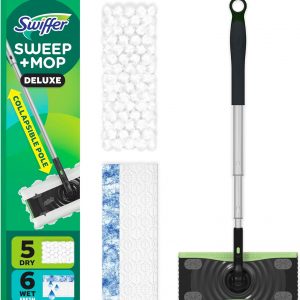 Swiffer Sweep & Mop Deluxe 2-in-1 Multi-Surface Kit for Floor Cleaning, Includes 1 Sweeper Device, 5 Dry Sweeping + 6 Wet Mopping Heavy Duty Cloths, Black