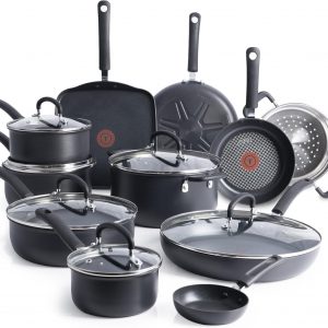 T-Fal Ultimate Hard Anodized Nonstick Cookware Set 17 Piece, Nonstick Pots and Pans Set with Fry Pan, Saucepans, Saute-Pan, Griddle, Dishwasher Safe, Black