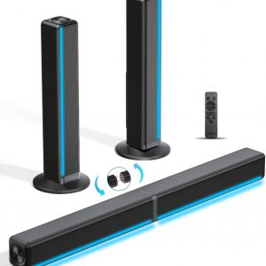 TV Sound Bar, Soundbar with RGB LED Lights & 2.1CH Bluetooth Speaker Surround System, 180W Surround Sound, AUX/Optical/HDMI ARC Home Theater Speaker, 2 in 1 Detachable for Smart TV/Projector/Gaming/PC