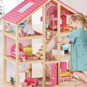 Tiny Land Wooden Dollhouse for Girls - 6 Rooms Wooden Doll House, DIY Pretend Doll House with 31Pcs Furniture Accessories, Creative Gift for Girl Ages 3+