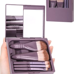 Travel Size Makeup Brushes Mini Set with Hard Case and Built-in Mirror, 5Pcs Small Cosmetic Brushes, On the Go Brush Travel Essentials kits for Women, Girls Gift (Dark Purple)
