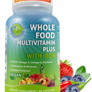 Vegan Whole Food Daily Multivitamin with Iron, Methylated Multivitamin for Women and Men, Made with Fruits & Vegetables, B-Complex, Probiotics, Enzymes, CoQ10, Omegas, Turmeric, Non-GMO, 90 Count