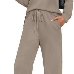 WIHOLL Two Piece Sets for Women Fall Travel Vacation Outfits 2026 Long Sleeve Lounge Sets Side Slit Wide Leg Pants S-3XL