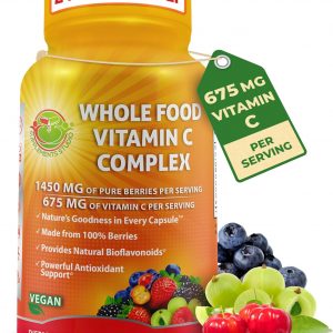 Whole Food Vitamin C Complex - 1450mg Organic Berries - 675 mg Vitamin C per Serving, High-Potency Antioxidant & Immune Support with Acerola, Amla and Natural Bioflavonoids - Vegan, Non-GMO, 120 Count