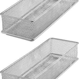 YBM HOME Silver Mesh Drawer Cabinet and or Shelf Organizer Bins, School Supply Holder Office Desktop Organizer Basket (2, 3x9x2 Inch)