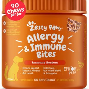 Zesty Paws Dog Allergy Relief Chews, Dog Probiotics for Itchy Skin and Ears, Peanut Butter, 90ct