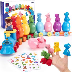 hahaland Toddler Learning Toys for 2 3 Year Old – Montessori Counting Matching Train Set with 8 Dinosaurs & Sorting Easter Eggs, Dino Stickers Toddler Toys for Kids 1-3 Years Easter Basket Stuffers