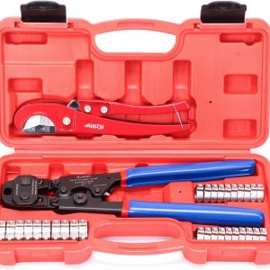iCrimp Ratchet PEX Cinch Tool with Removing Function for 3/8-in, 1/2-in, 3/4-in, 1-in Stainless Steel Clamp, PEX Crimper with 20PCS 1/2-in, 10PCS 3/4-in PEX Clamps and Pipe Cutter- All in One