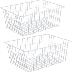 iPEGTOP Wire Storage Freezer Baskets, Set of 2 Large 15.4" Household Metal Organizer Storage Bins Basket for Kitchen Cabinets, Refrigerators, White