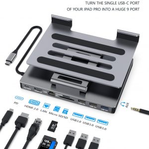 iPad Pro USB C Hub Stand, 9 in 1 Adapter for iPad Air M5 M3 M4 13 12.9 Inch Docking Station 4K 60Hz HDMI, RJ45 Ethernet, SD/TF Card Reader, 3 USB 3.0, 3.5mm Audio, iPad Accessories Samsung Tablet Dock