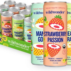 wildwonder Sparkling Probiotic Drink 12pk, For Gut Health & Immune Support, Tropical Vibes Variety, 5g Prebiotic Fiber, Live Probiotics, Organic, Vegan, Low Sugar, 12Pack, 12oz Can, Seen on Shark Tank